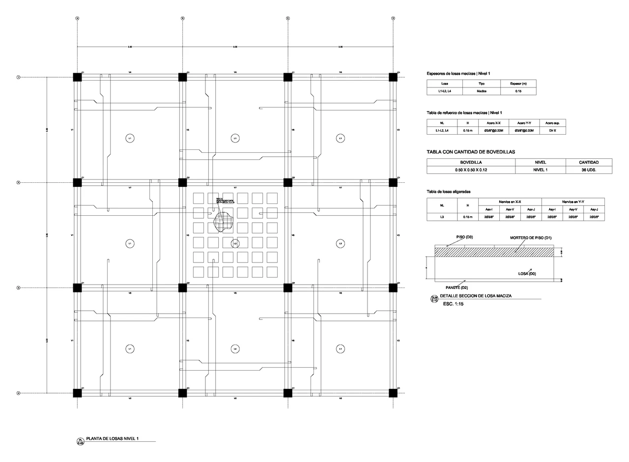 Slab plan with structural grids, panels and reinforcement annotations