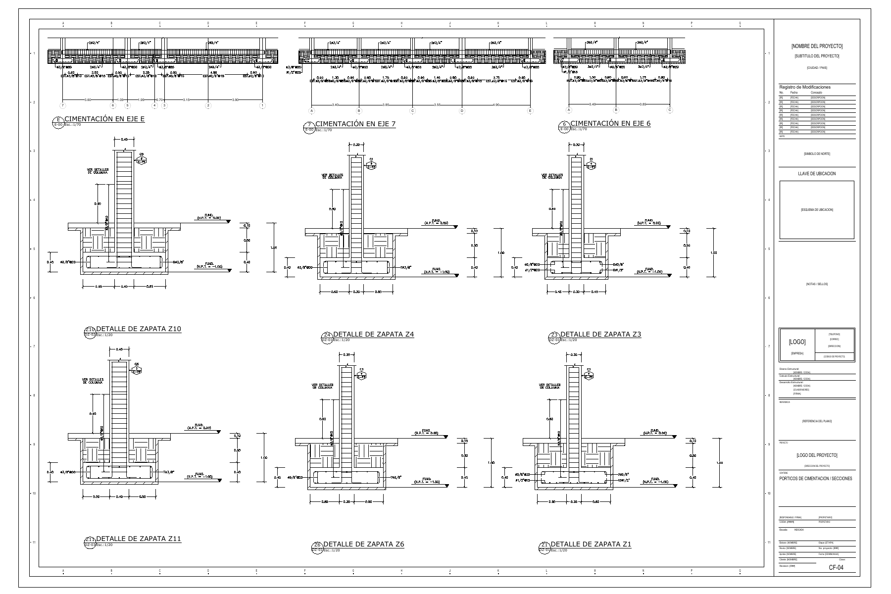 Lámina CF-04 de StructaCAD con pórticos de cimentación en los ejes E, 7 y 6 y detalles de zapatas Z10, Z4, Z3, Z11, Z6 y Z1, refuerzo, anclajes, cotas y niveles