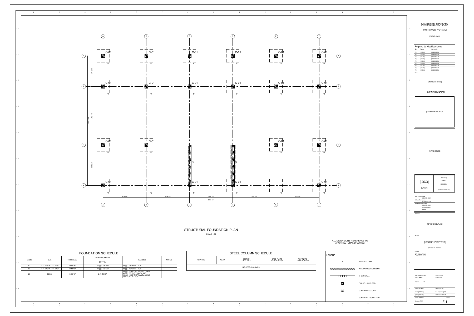 Σχέδιο θεμελίωσης F-1 του StructaCAD με θέσεις πεδίλων, διαστάσεις αξόνων, πίνακα θεμελιώσεων και υπόμνημα