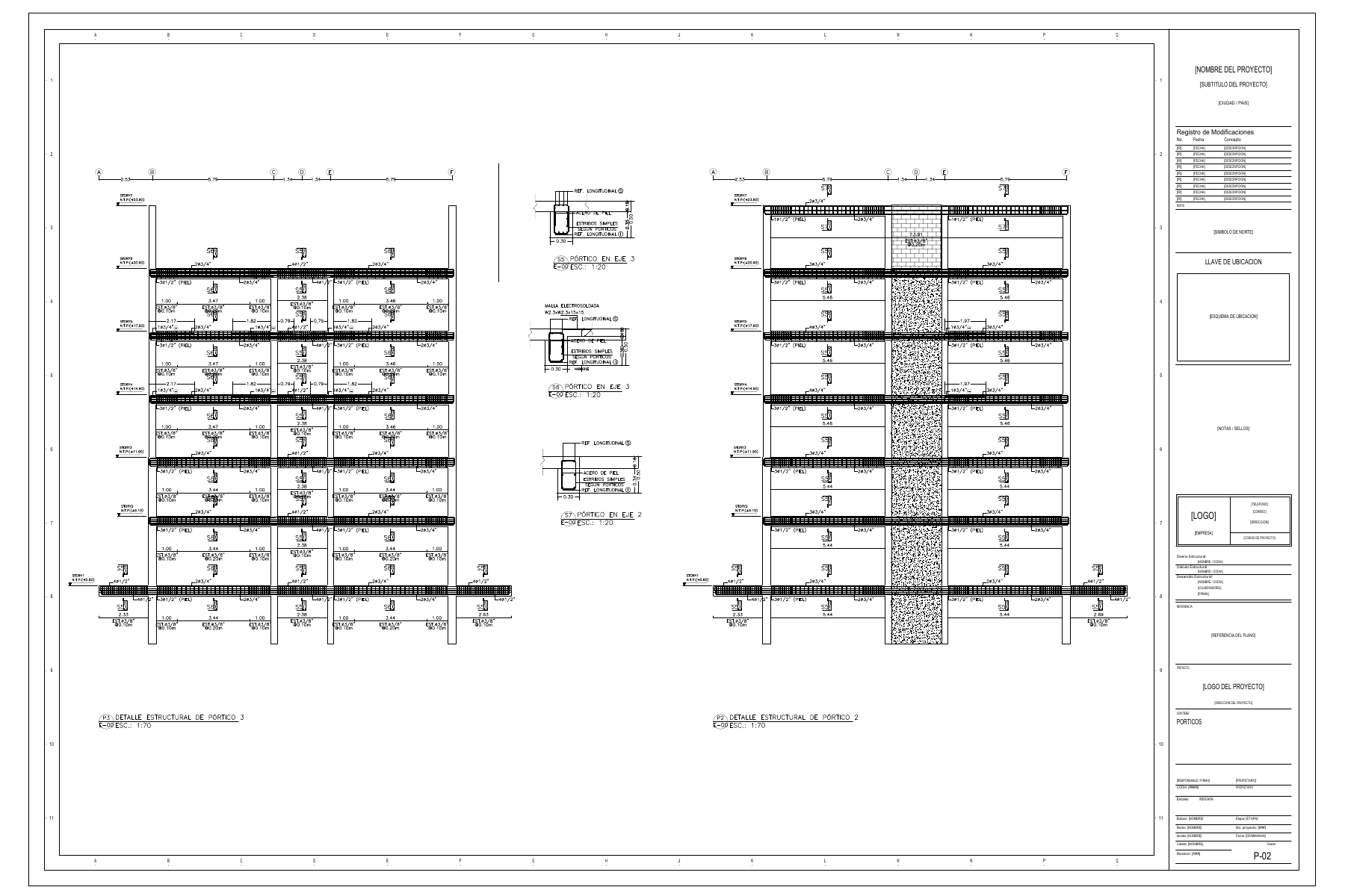Σχέδιο P-02 του StructaCAD: όψεις πλαισίων στους άξονες 3 και 2 με οπλισμό, στάθμες, διαστάσεις, τοίχους και διατομές S5, S6 και S7