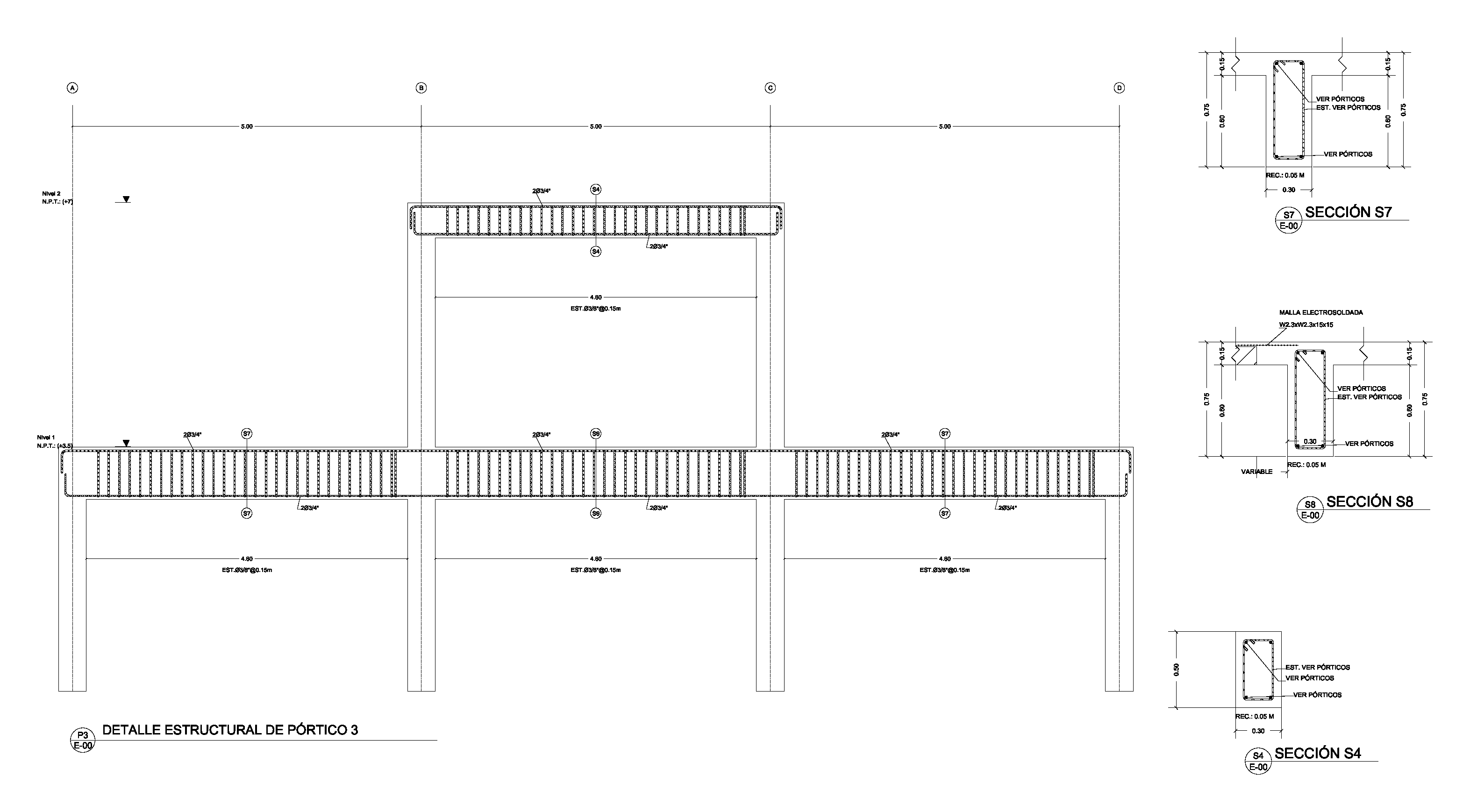 Structural frame elevation detail with beam reinforcement and section callouts