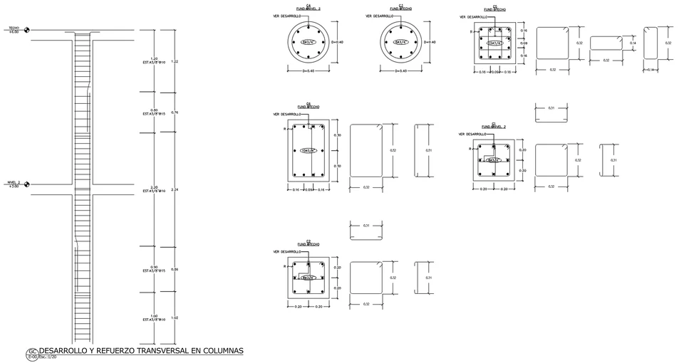 StructaCAD column reinforcement sheet with an elevation from level 2 to the roof, circular and rectangular sections C1 to C6, and dimensioned stirrup details