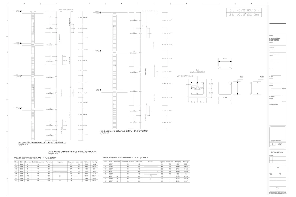 StructaCAD column rebar detailing sheet with C1 and C2 elevations, longitudinal bars, lap splices, C3 cross section, stirrup details and rebar schedules