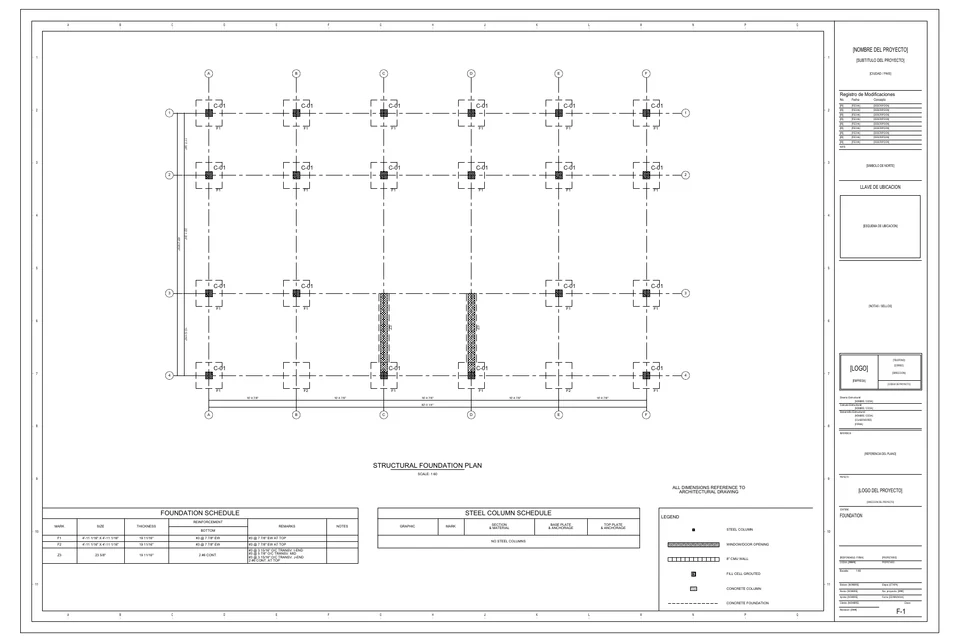 StructaCAD foundation drawing sheet F-1 with footing layout, grid dimensions, foundation schedule and legend