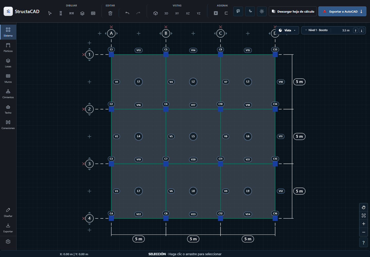 Captura de StructaCAD con una planta de cuatro ejes en cada dirección, columnas, vigas y nueve paños de losa